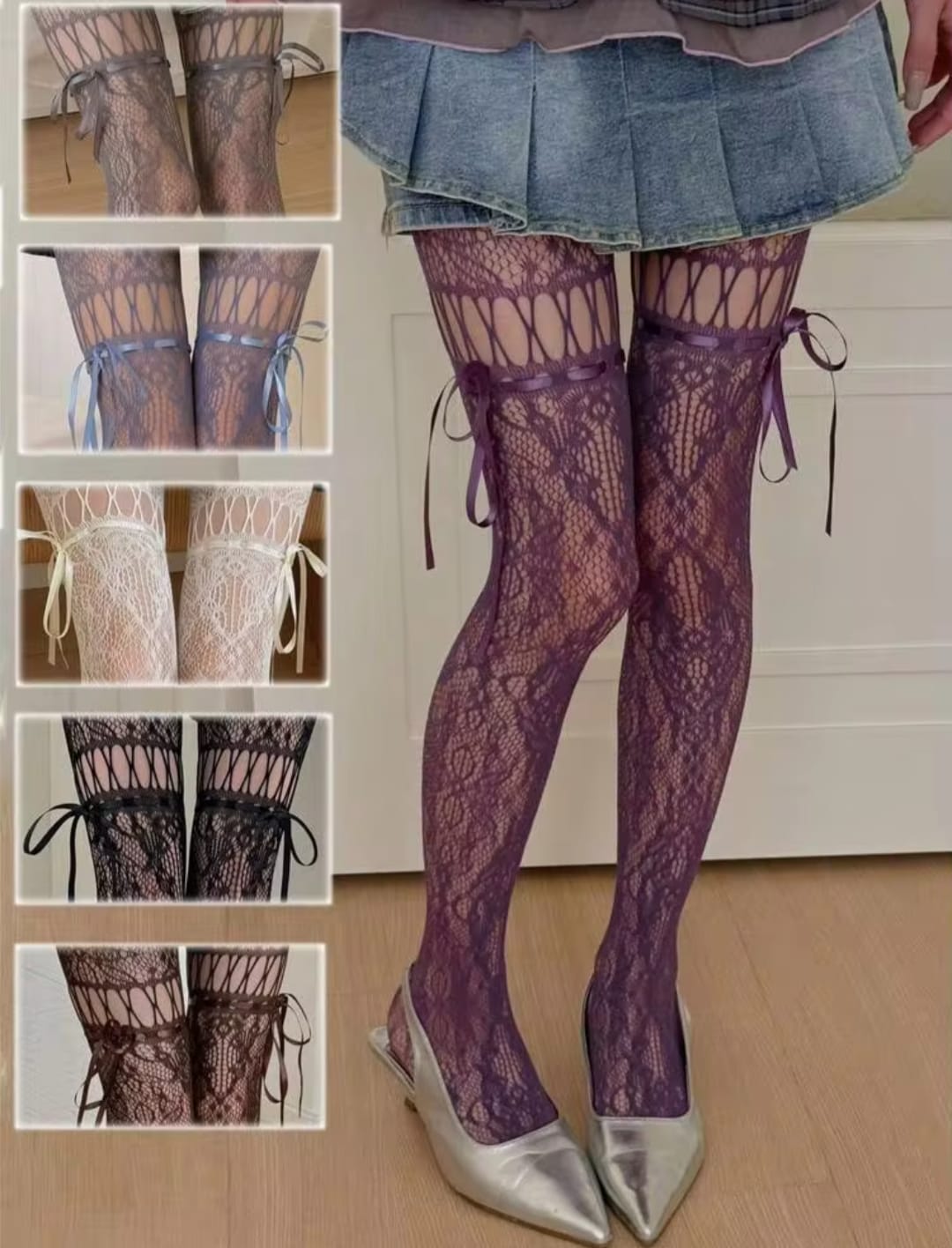Women’s Fishnet Thigh High Stockings with Ribbon Bow, Sheer Stretch Mesh Long Socks
